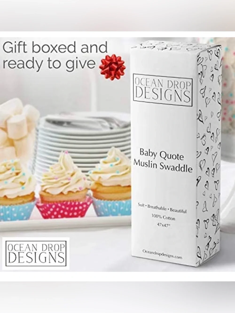 100% Cotton Muslin White Baby Quote Swaddle Blanket 47”x47”